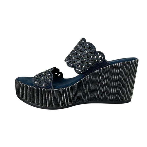 Onex Hip Denim Leather Wedge Sandals  Size 5.5-6  NWOB  Cutouts Studded Platform - Picture 4 of 11